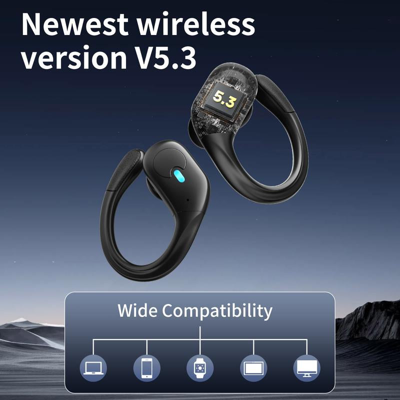 MANKIW Bluetooth Headphones Wireless Earbuds 40Hrs Playtime Wireless Charging Case Digital Display Sports Ear Buds with Earhook Premium Deep Bass Over-Ear Earphones for TV Phone Laptop Black
