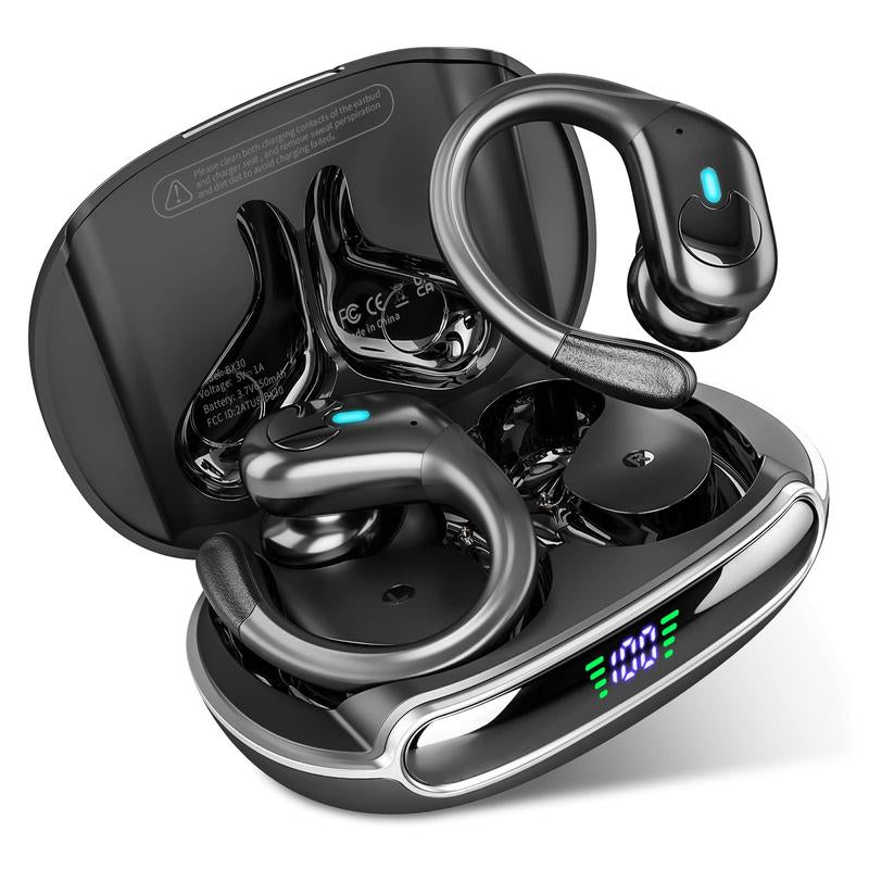 MANKIW Bluetooth Headphones Wireless Earbuds 40Hrs Playtime Wireless Charging Case Digital Display Sports Ear Buds with Earhook Premium Deep Bass Over-Ear Earphones for TV Phone Laptop Black