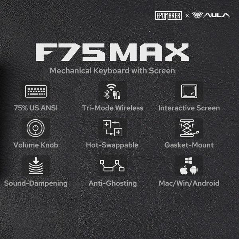 Aula F75 MAX Wireless Mechanical Keyboard 75% Layout Hot Swappable RGB Backlit Gasket Design TFT Screen Knob for PC Mac Linux