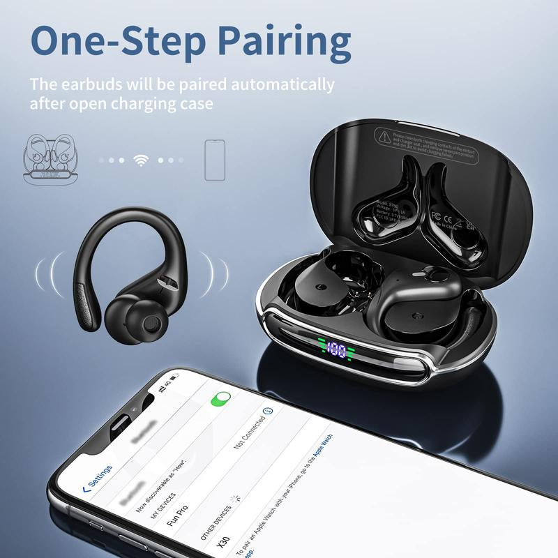 MANKIW Bluetooth Headphones Wireless Earbuds 40Hrs Playtime Wireless Charging Case Digital Display Sports Ear Buds with Earhook Premium Deep Bass Over-Ear Earphones for TV Phone Laptop Black