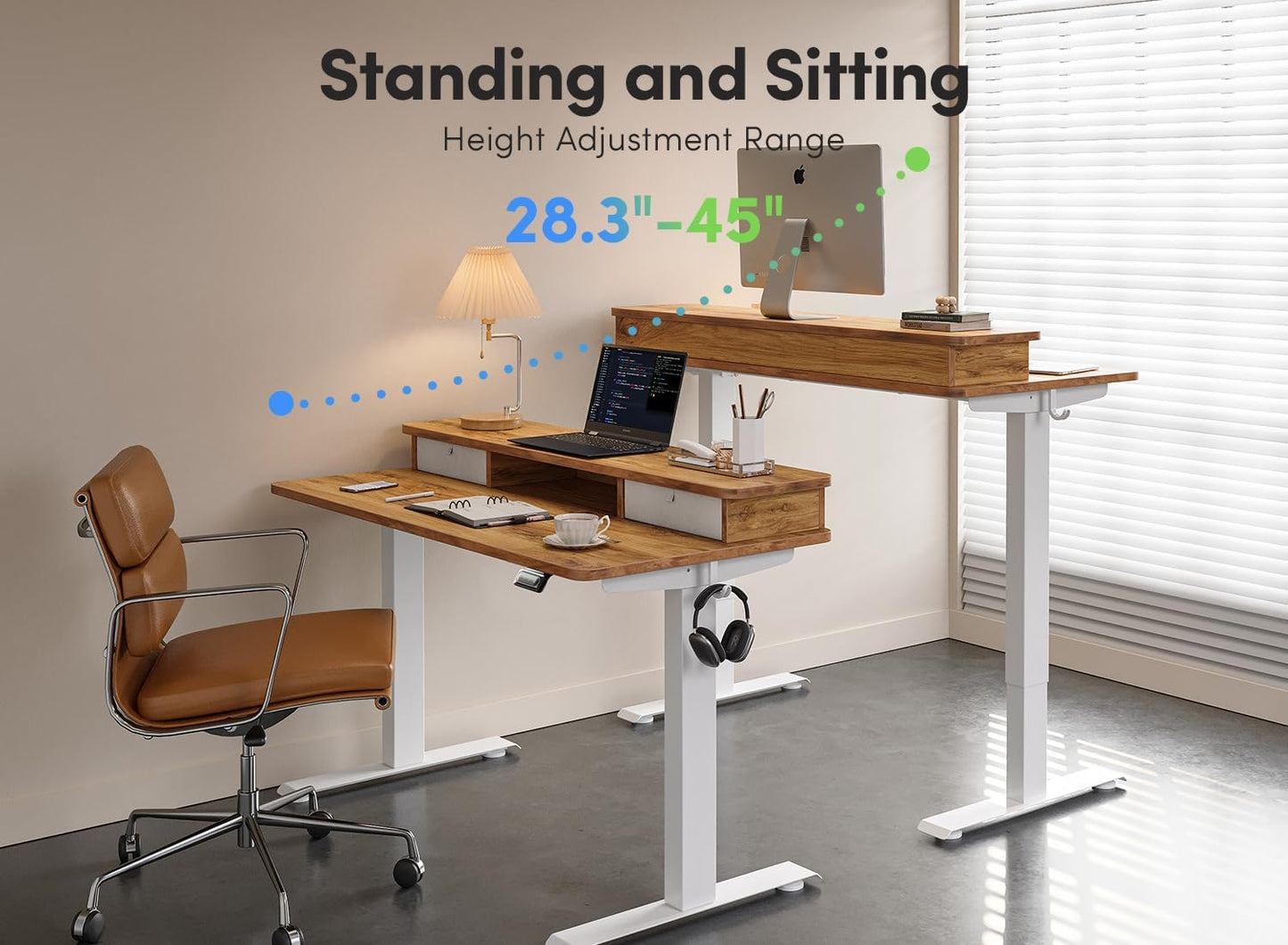 55 X 24 Inch Height Adjustable Electric Standing Desk with Double Drawer, Stand up Desk, Home Office Computer Workstation with 4 Height-Adjustable Feets & 2 Hooks, Light Rustic