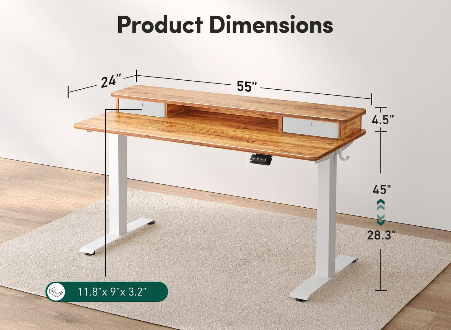55 X 24 Inch Height Adjustable Electric Standing Desk with Double Drawer, Stand up Desk, Home Office Computer Workstation with 4 Height-Adjustable Feets & 2 Hooks, Light Rustic