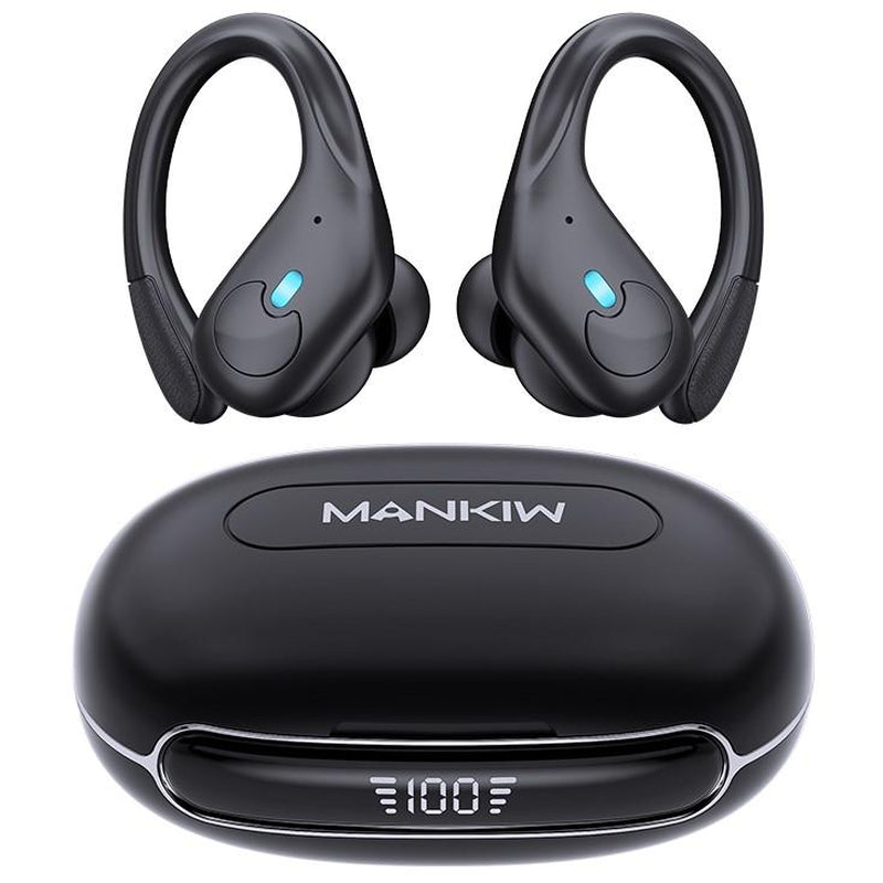 MANKIW Bluetooth Headphones Wireless Earbuds 40Hrs Playtime Wireless Charging Case Digital Display Sports Ear Buds with Earhook Premium Deep Bass Over-Ear Earphones for TV Phone Laptop Black