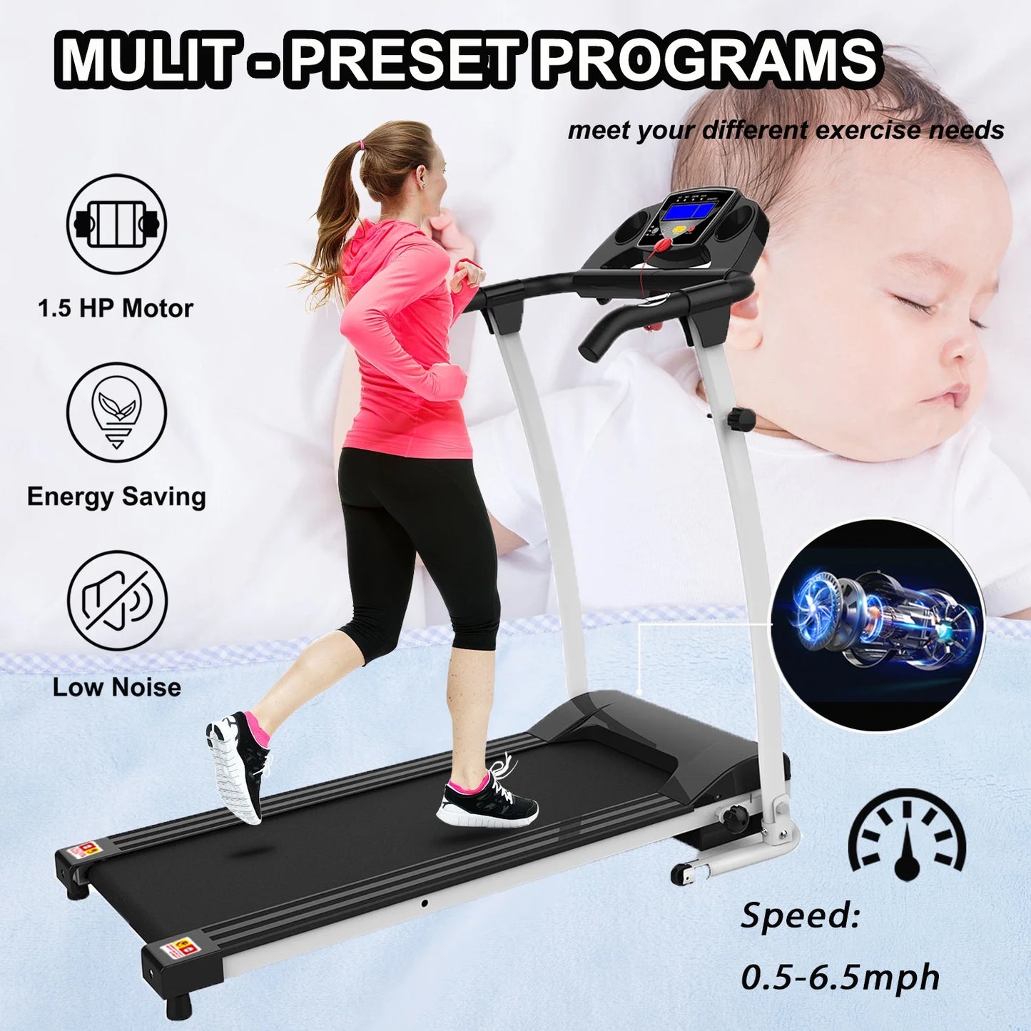 Foldable Treadmills for Home, Electric Running Exercise Machine Compact Treadmill for Home Gym Fitness Workout Jogging Walking for Home Office Apartment, Max 6.5MPH Speed, White