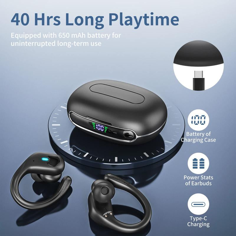 MANKIW Bluetooth Headphones Wireless Earbuds 40Hrs Playtime Wireless Charging Case Digital Display Sports Ear Buds with Earhook Premium Deep Bass Over-Ear Earphones for TV Phone Laptop Black
