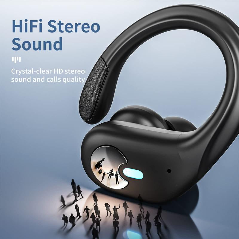 MANKIW Bluetooth Headphones Wireless Earbuds 40Hrs Playtime Wireless Charging Case Digital Display Sports Ear Buds with Earhook Premium Deep Bass Over-Ear Earphones for TV Phone Laptop Black