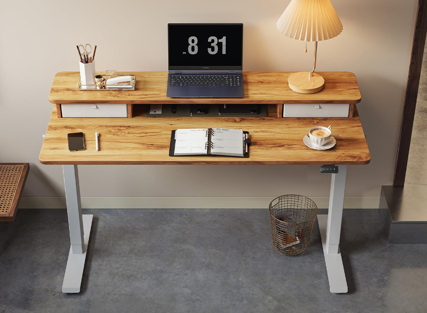 55 X 24 Inch Height Adjustable Electric Standing Desk with Double Drawer, Stand up Desk, Home Office Computer Workstation with 4 Height-Adjustable Feets & 2 Hooks, Light Rustic