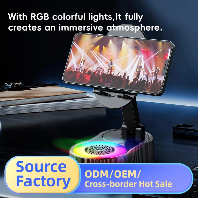 Wireless Inductionaudio Bluetooth Speaker 5In1 Phone Holder Emergency Rechargeable (3000Mah) with Colorful Ambient Light 300° Foldable for Tablet Iphone Android Phone Holder Speaker