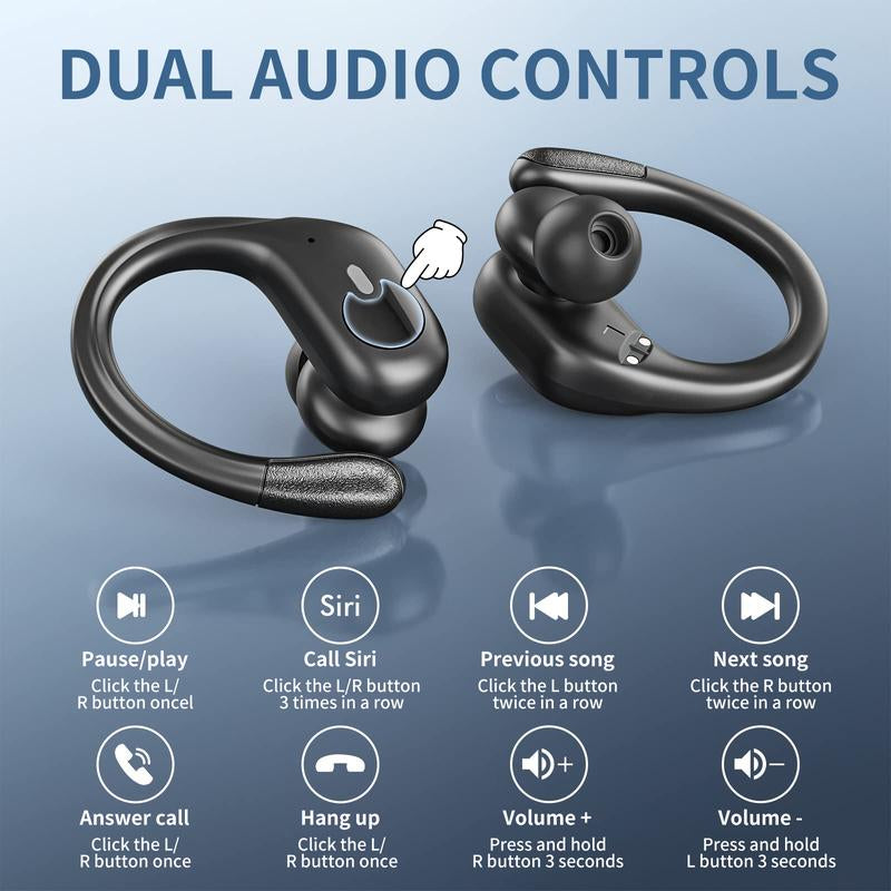 MANKIW Bluetooth Headphones Wireless Earbuds 40Hrs Playtime Wireless Charging Case Digital Display Sports Ear Buds with Earhook Premium Deep Bass Over-Ear Earphones for TV Phone Laptop Black