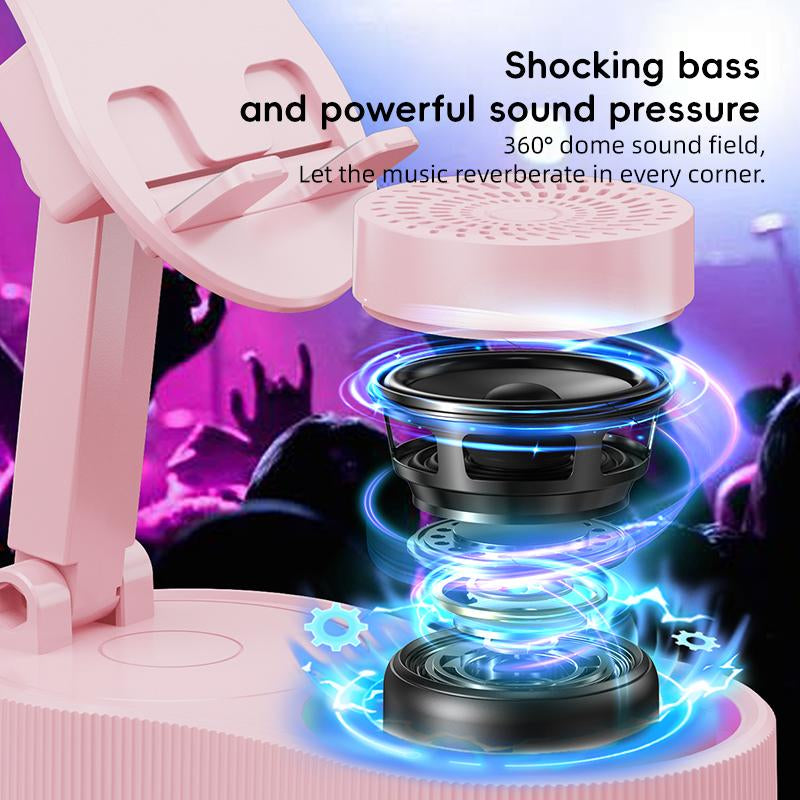 Wireless Inductionaudio Bluetooth Speaker 5In1 Phone Holder Emergency Rechargeable (3000Mah) with Colorful Ambient Light 300° Foldable for Tablet Iphone Android Phone Holder Speaker