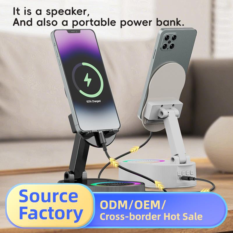Wireless Inductionaudio Bluetooth Speaker 5In1 Phone Holder Emergency Rechargeable (3000Mah) with Colorful Ambient Light 300° Foldable for Tablet Iphone Android Phone Holder Speaker