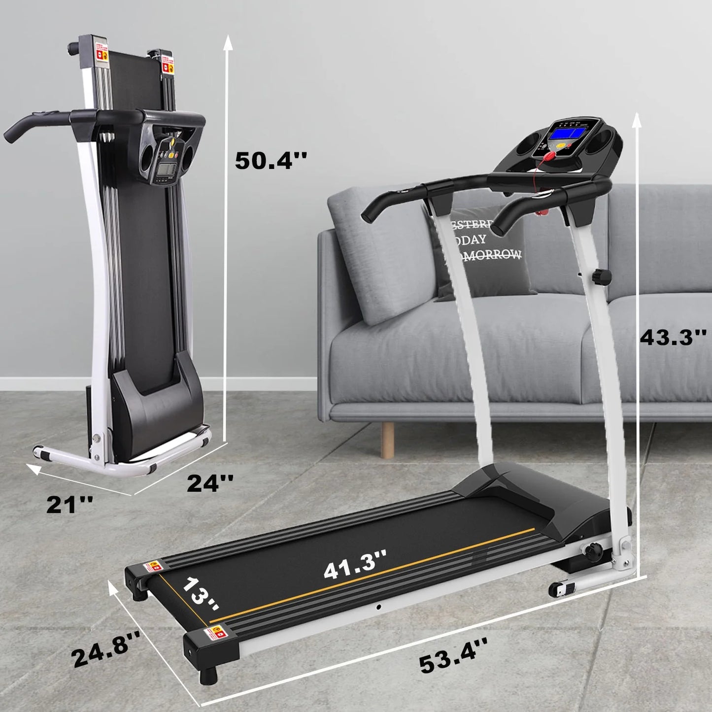 Foldable Treadmills for Home, Electric Running Exercise Machine Compact Treadmill for Home Gym Fitness Workout Jogging Walking for Home Office Apartment, Max 6.5MPH Speed, White