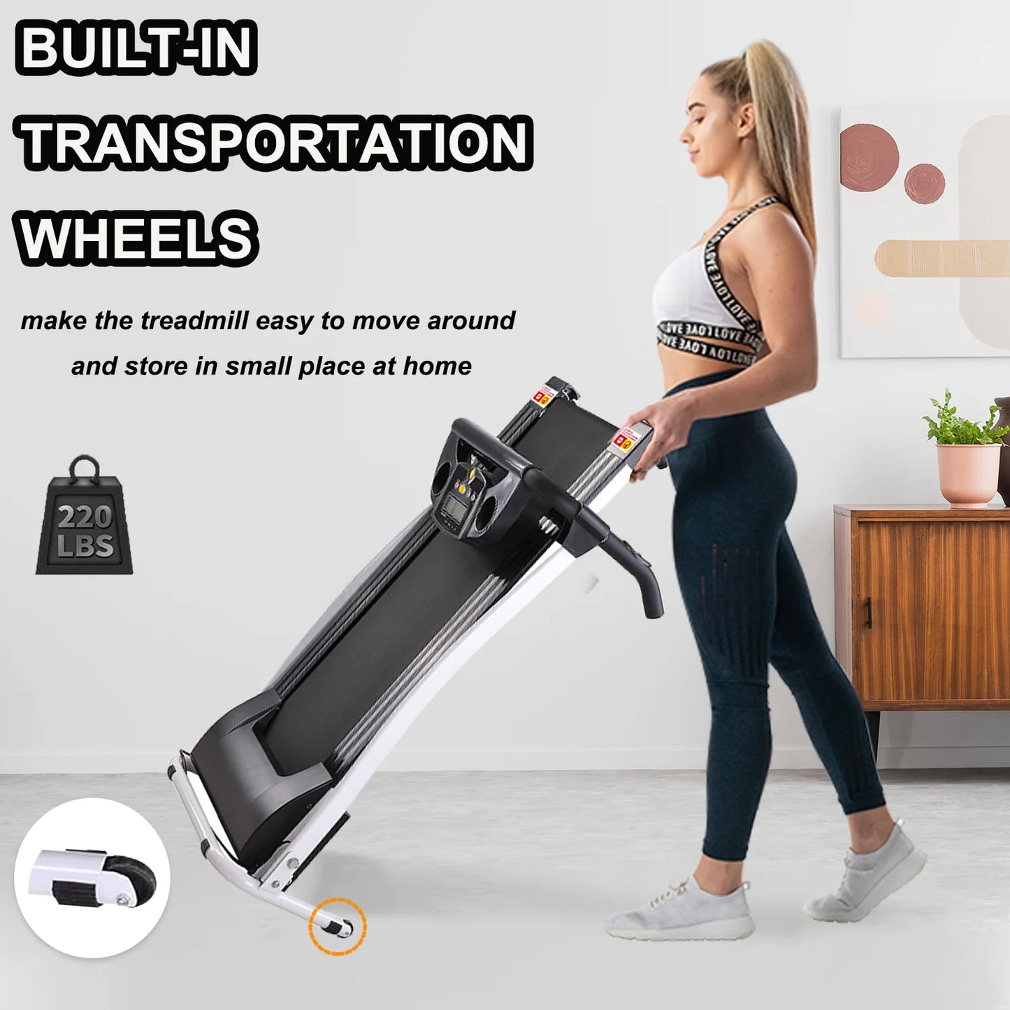 Foldable Treadmills for Home, Electric Running Exercise Machine Compact Treadmill for Home Gym Fitness Workout Jogging Walking for Home Office Apartment, Max 6.5MPH Speed, White
