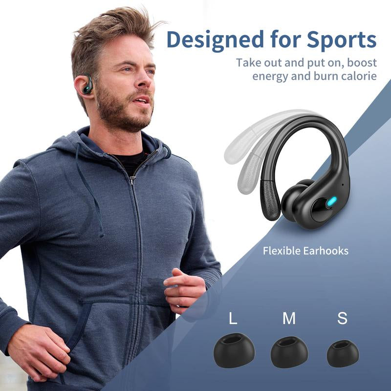 MANKIW Bluetooth Headphones Wireless Earbuds 40Hrs Playtime Wireless Charging Case Digital Display Sports Ear Buds with Earhook Premium Deep Bass Over-Ear Earphones for TV Phone Laptop Black