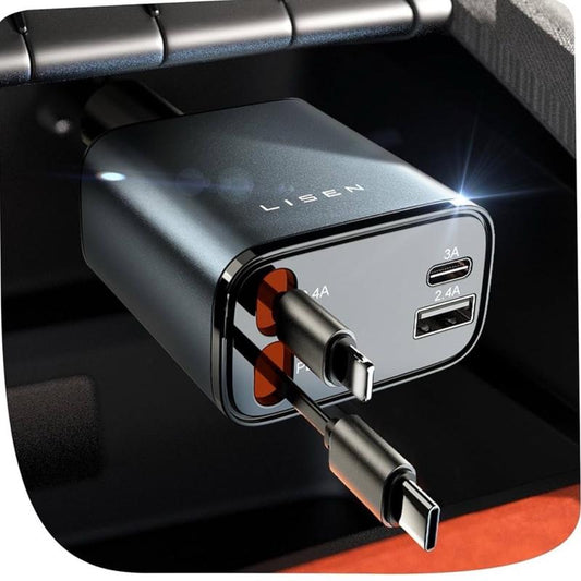 LISEN Retractable Car Charger [69W USB C Car Charger Adapter], 4 in 1 Fast Charging Car Charger, Type C Retractable Car Phone Charge Compatible with Iphone 16/15/14/13/12/11, Galaxy, Pixel Grey Plug Adjustable Lightning Connector Cord Durable Devices