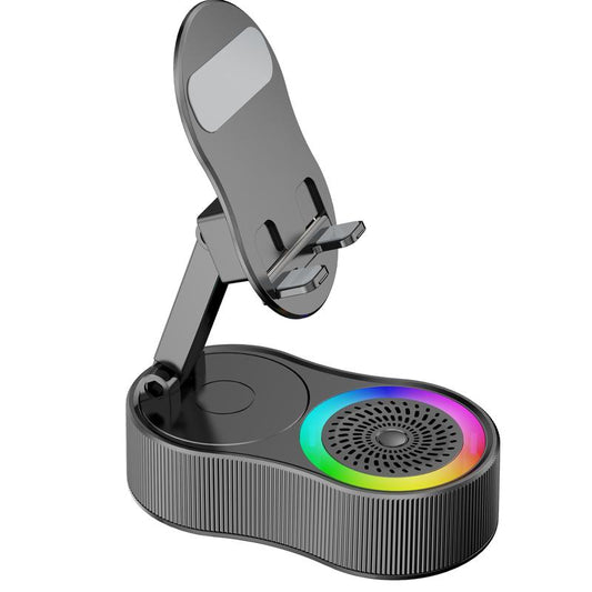 Wireless Inductionaudio Bluetooth Speaker 5In1 Phone Holder Emergency Rechargeable (3000Mah) with Colorful Ambient Light 300° Foldable for Tablet Iphone Android Phone Holder Speaker