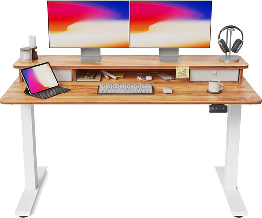 55 X 24 Inch Height Adjustable Electric Standing Desk with Double Drawer, Stand up Desk, Home Office Computer Workstation with 4 Height-Adjustable Feets & 2 Hooks, Light Rustic