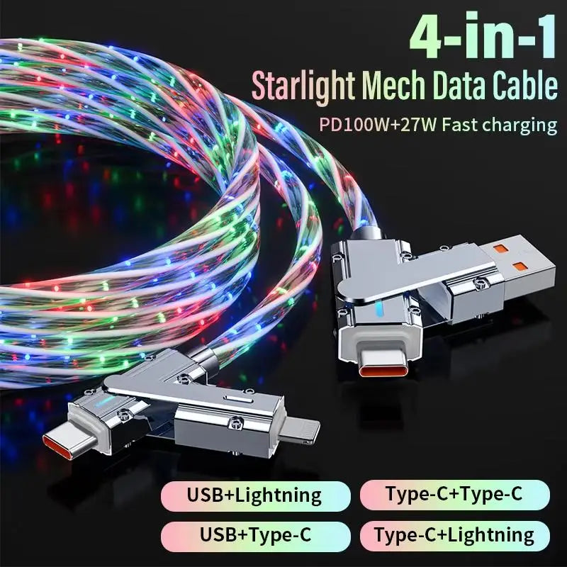 New Starry Sky RGB LED USB Type-C to Type-C to Lightning and 4 in 1 Fast Charging Cable for Iphone 15 14 Xiaomi Samsung HUAWEI