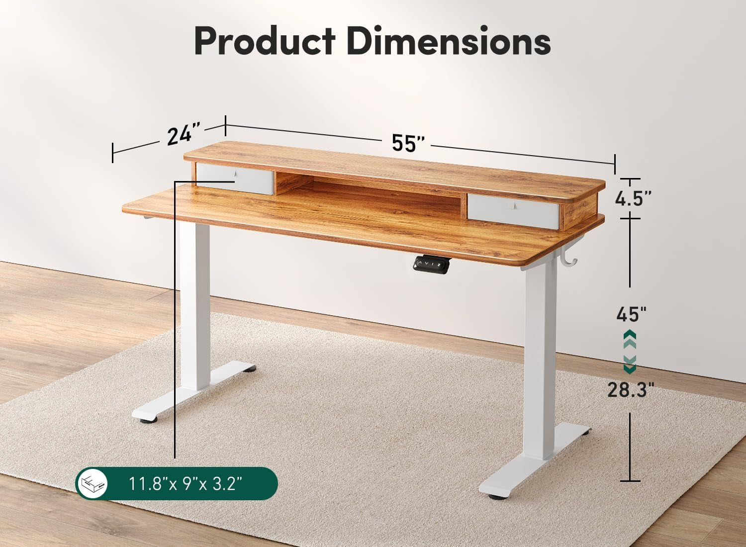 55 X 24 Inch Height Adjustable Electric Standing Desk with Double Drawer, Stand up Desk, Home Office Computer Workstation with 4 Height-Adjustable Feets & 2 Hooks, Light Rustic