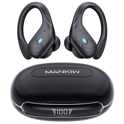 MANKIW Bluetooth Headphones Wireless Earbuds 40Hrs Playtime Wireless Charging Case Digital Display Sports Ear Buds with Earhook Premium Deep Bass Over-Ear Earphones for TV Phone Laptop Black