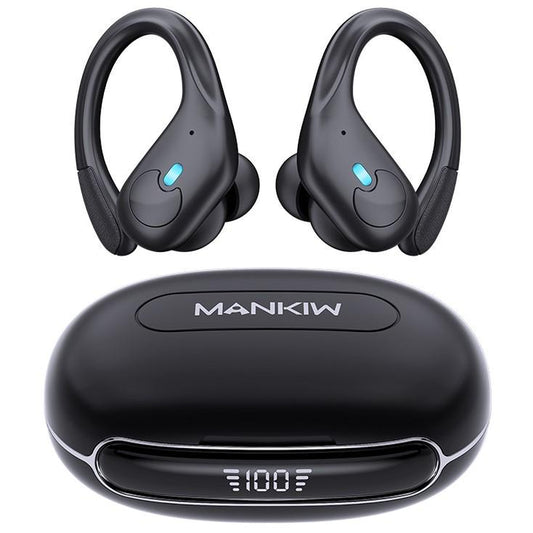 MANKIW Bluetooth Headphones Wireless Earbuds 40Hrs Playtime Wireless Charging Case Digital Display Sports Ear Buds with Earhook Premium Deep Bass Over-Ear Earphones for TV Phone Laptop Black