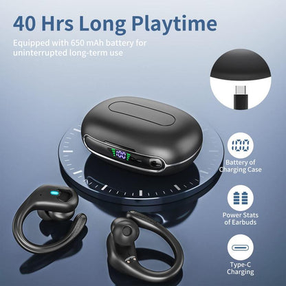 MANKIW Bluetooth Headphones Wireless Earbuds 40Hrs Playtime Wireless Charging Case Digital Display Sports Ear Buds with Earhook Premium Deep Bass Over-Ear Earphones for TV Phone Laptop Black