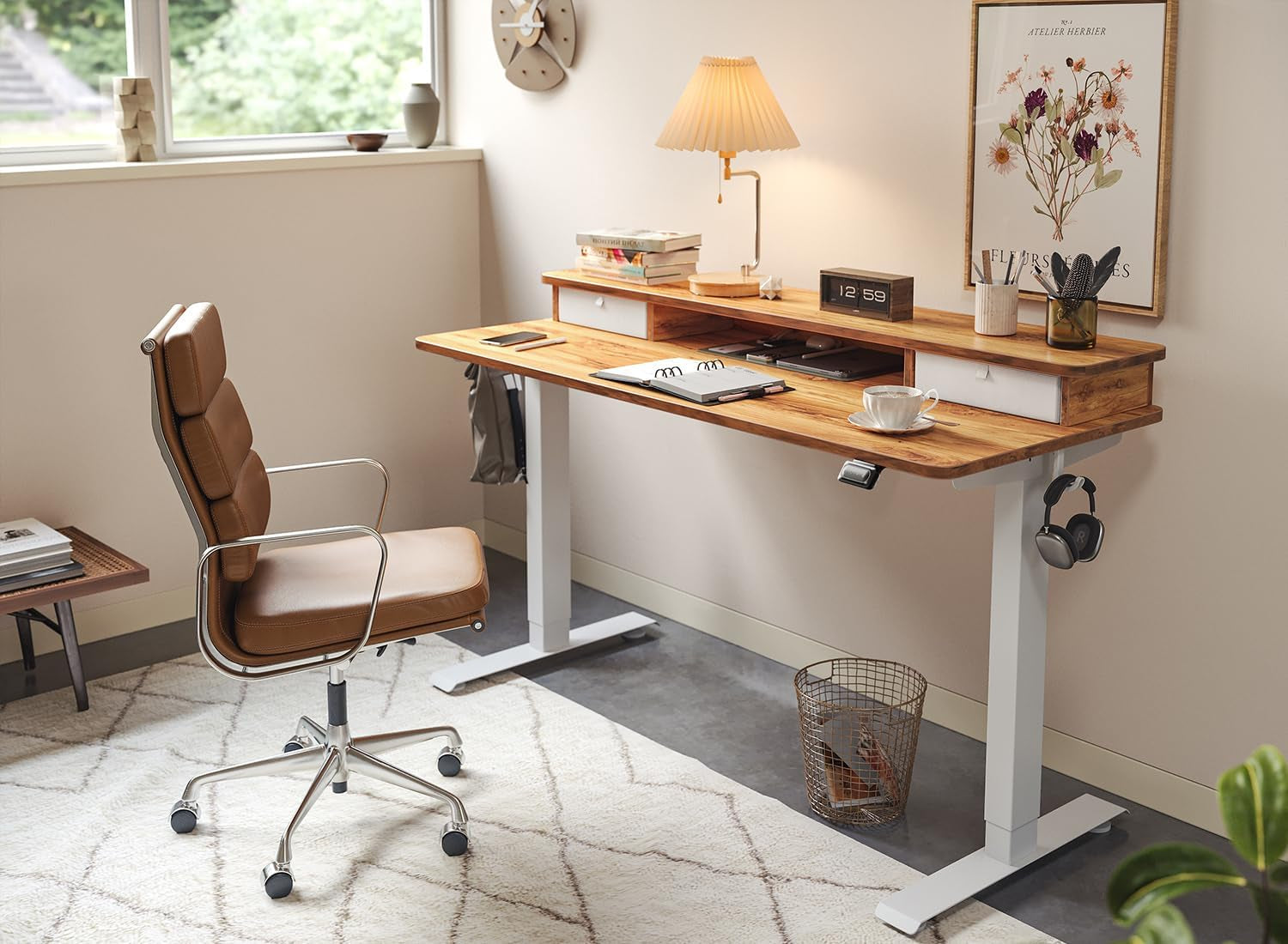 55 X 24 Inch Height Adjustable Electric Standing Desk with Double Drawer, Stand up Desk, Home Office Computer Workstation with 4 Height-Adjustable Feets & 2 Hooks, Light Rustic