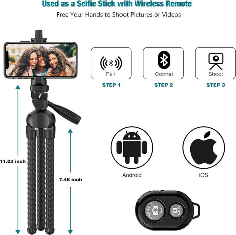 Selfie Stick Portable Mobile Phone Tripod Self Timer Remote Flexible Adjustable Cell Phone Holder for Smartphone with Wireless Remote Shutter