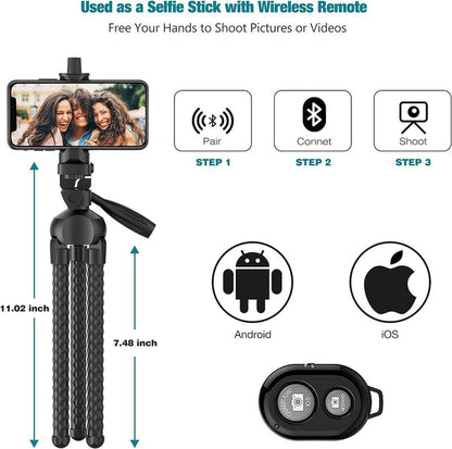 Selfie Stick Portable Mobile Phone Tripod Self Timer Remote Flexible Adjustable Cell Phone Holder for Smartphone with Wireless Remote Shutter