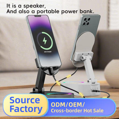 Wireless Inductionaudio Bluetooth Speaker 5In1 Phone Holder Emergency Rechargeable (3000Mah) with Colorful Ambient Light 300° Foldable for Tablet Iphone Android Phone Holder Speaker