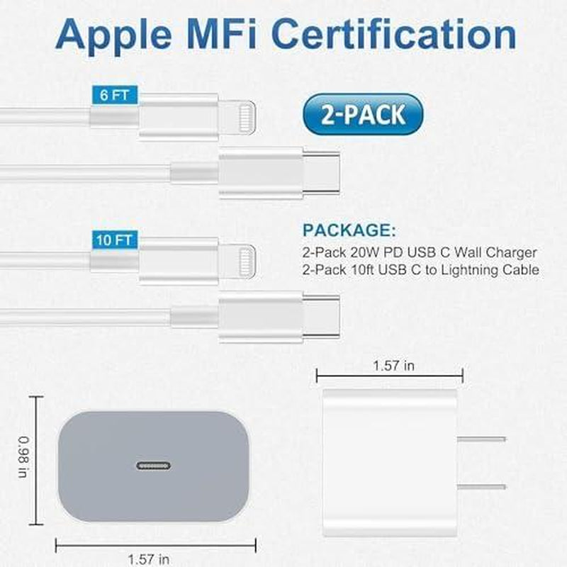 2 Pack Type C Wall Charger Block with 2 Pack [6FT&10FT] Long USB C to Lightning Cable for Iphone 14/13/12/12 Pro Max/11/Xs Max/Xr/X,Airpods Pro