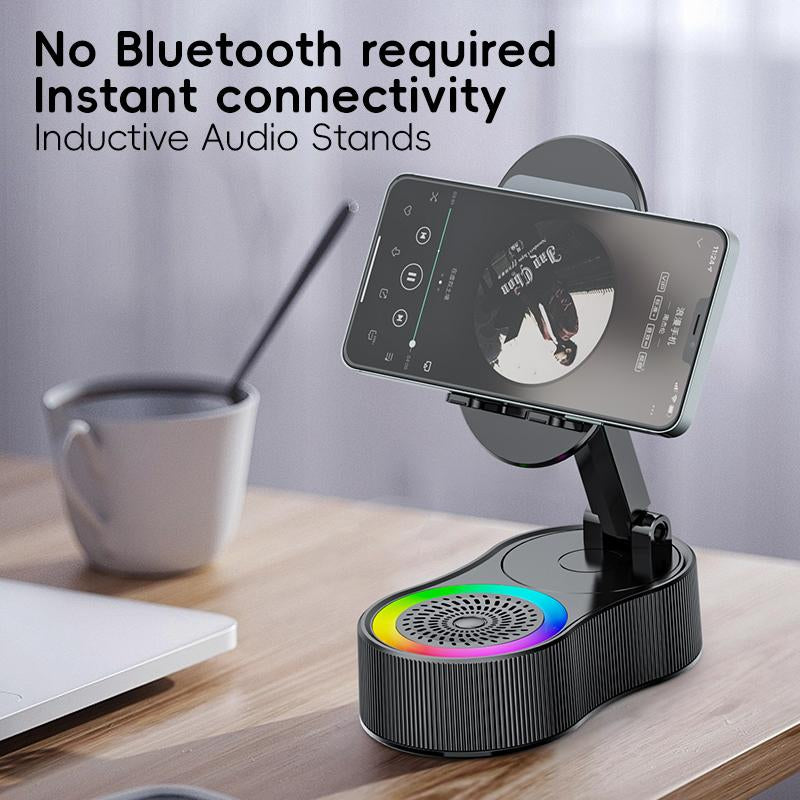 Wireless Inductionaudio Bluetooth Speaker 5In1 Phone Holder Emergency Rechargeable (3000Mah) with Colorful Ambient Light 300° Foldable for Tablet Iphone Android Phone Holder Speaker